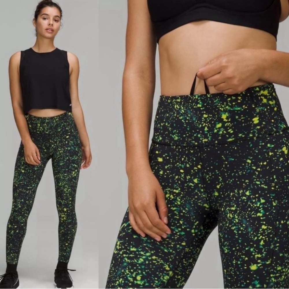 lululemon athletica Black Leggings with Neon Green Speckle Print
